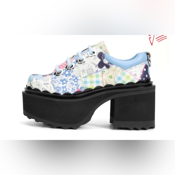 Fluevog NEW WO BOX Skyhigh F Fizzy blue/flowery leather platform lace-up shoe 10 - Picture 2 of 16